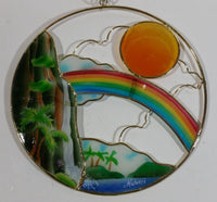 Hawaii Waterfall, Rainbow, and Sun Themed Circular Stained Glass Style Window Hanging 6"