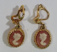 Vintage Peach with White Cameo Oval Shaped Gold Tone Clip on Earrings Costume Jewelry