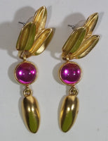 Vintage Style Hot Pink Lucite Gold Tone Dangle Drop Earrings Costume Jewelry