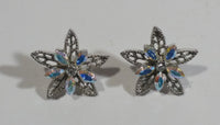 Blue and Iridescent Rhinestone 5 Point Star Shaped Earrings