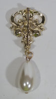 Clear Rhinestone Covered Gold Tone Crown with Dangling Pearl Style Water Drop Brooch