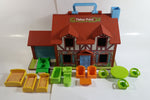 Vintage Fisher Price Little People Brown Tudor House Toy with Opening Garage Door and Doorbell with Furniture