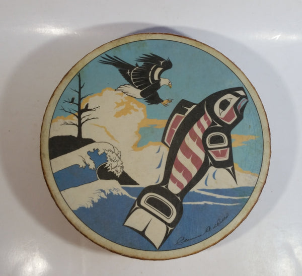 Clarence A. Wells Port Simpson, B.C. Aboriginal Art Eagle Trying To Catch Salmon  Jumping Salmon Deer Hide Rimmed Drum Print