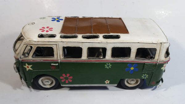 Vintage Style VW Volkswagen Hippy Bus Van Wagon Green and White Tin Metal Vehicle 13" Long