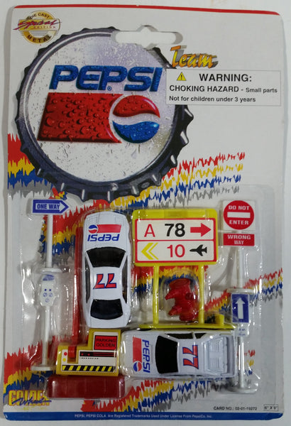 1990s Golden Wheel Special Edition Pepsi Team Racer #77 Die Cast Toy Race Car Vehicles with Airport Road Signs, Fire Hydrant, and Parking Gate Soda Pop Collectible New in Package