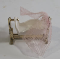 Vintage 1980 Mattel Doll House Decorative Metal and Brass Bed, Rocking Cradle with Pink Veil, and Red and White Striped Stroller Miniature