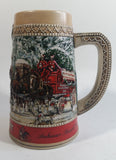 1987 Budweiser Holiday Stein Collection Collector's Series "The hitch parading through the familiar Anheuser-Busch Gates at Grant's Farm on a Brisk Wintery day." Ceramic Beer Stein - Handcrafted in Brazil by Ceramarte