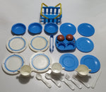 Vintage 1982 Fisher Price #681 Blue and 1987 #2107 White with Flowers Plastic Kitchen Dish Set Lot with 1990 Spectra Shopping Basket No. 8860
