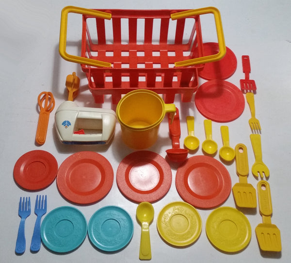 Vintage 1980s Fisher Price Mixed Kitchen Dish Set Lot with Shopping Basket
