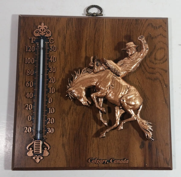 Vintage A & F Canada Calgary, Alberta Rodeo Cowboy Plastic Copper Toned Wooden Wall Plaque Thermometer Souvenir Travel Collectible