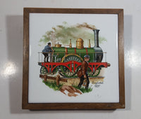 Vintage Train Locomotive England 1837 Wood Framed Ceramic Tile Trivet Railroad Collectible