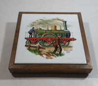 Vintage Train Locomotive England 1837 Wood Framed Ceramic Tile Trivet Railroad Collectible