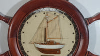 Vintage Cotre Aurique Sail Boat Ship Cloth and Wood Wooden Ships Wheel 16" Diameter