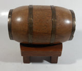 Vintage Heavy Solid Wood Brass Banded Miniature 6" Long Whiskey Liquor Barrel on Table Style Stand