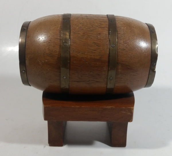 Vintage Heavy Solid Wood Brass Banded Miniature 6" Long Whiskey Liquor Barrel on Table Style Stand