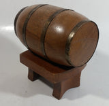 Vintage Heavy Solid Wood Brass Banded Miniature 6" Long Whiskey Liquor Barrel on Table Style Stand