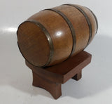 Vintage Heavy Solid Wood Brass Banded Miniature 6" Long Whiskey Liquor Barrel on Table Style Stand
