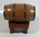 Vintage Heavy Solid Wood Brass Banded Miniature 6" Long Whiskey Liquor Barrel on Table Style Stand
