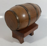 Vintage Heavy Solid Wood Brass Banded Miniature 6" Long Whiskey Liquor Barrel on Table Style Stand