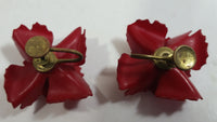 Vintage West Germany Clip On Red Flower Rhinestone Earrings