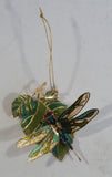 Baldwin 24KT Gold on Brass Green and Blue Dragon Fly on Leaves Christmas Tree Ornament