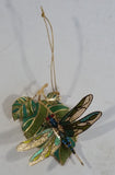 Baldwin 24KT Gold on Brass Green and Blue Dragon Fly on Leaves Christmas Tree Ornament