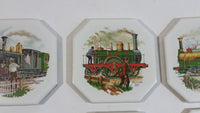 Vintage 19th Century Locomotive Train Scenes Octagon Shaped Ceramic Coaster Tiles Set of Railroad Collectibles