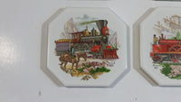 Vintage 19th Century Locomotive Train Scenes Octagon Shaped Ceramic Coaster Tiles Set of Railroad Collectibles