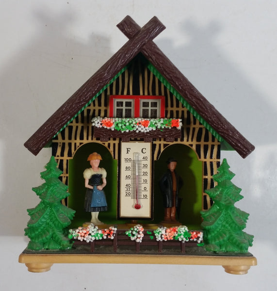 Vintage Western Germany Christmas Themed Black Forest Bavarian House Homestead Shaped Wooden and Plastic Thermometer with Man and Woman 5" Tall