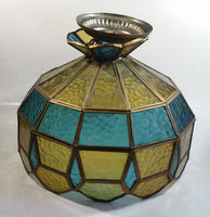 Vintage Yellow and Blue Leaded Glass Hanging Swag Lamp Light Fixture