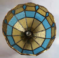 Vintage Yellow and Blue Leaded Glass Hanging Swag Lamp Light Fixture