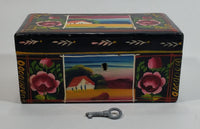 Vintage Hand Painted Farmhouse Scenery and Flowers Black Wood Locking Jewelry Box with Key
