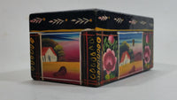 Vintage Hand Painted Farmhouse Scenery and Flowers Black Wood Locking Jewelry Box with Key