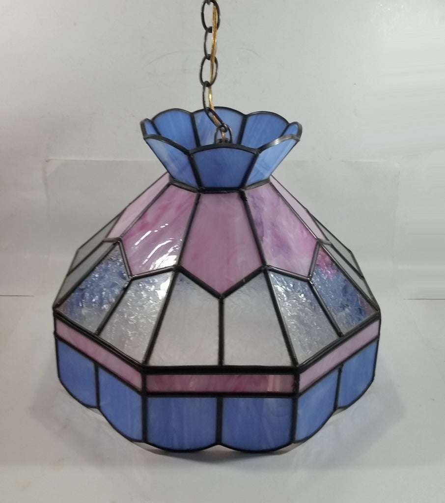 Vintage Blue and White Clear Slag Marble Stained Glass Swag Hanging Lamp Light Fixture