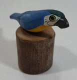 Tiny Miniature Blue White Yellow Parrot Bird Wood Craving 2" Tall
