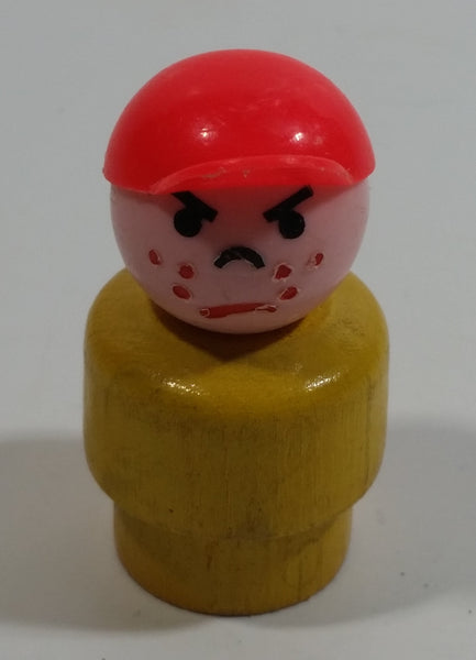 Vintage Fisher Price Little People Angry Mad Freckled Boy with Red Cap Yellow Wood Toy Figure