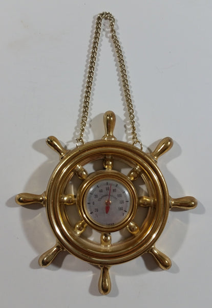 Ship Boat Captain's Wheel Plastic Gold Brass Tone Thermometer - Japan
