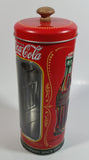 Drink Coca-Cola 9 1/4" Tall Red Embossed Tin Metal Straw Holder Container with Wood Handle Lid