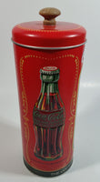 Drink Coca-Cola 9 1/4" Tall Red Embossed Tin Metal Straw Holder Container with Wood Handle Lid
