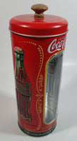 Drink Coca-Cola 9 1/4" Tall Red Embossed Tin Metal Straw Holder Container with Wood Handle Lid