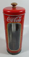 Drink Coca-Cola 9 1/4" Tall Red Embossed Tin Metal Straw Holder Container with Wood Handle Lid