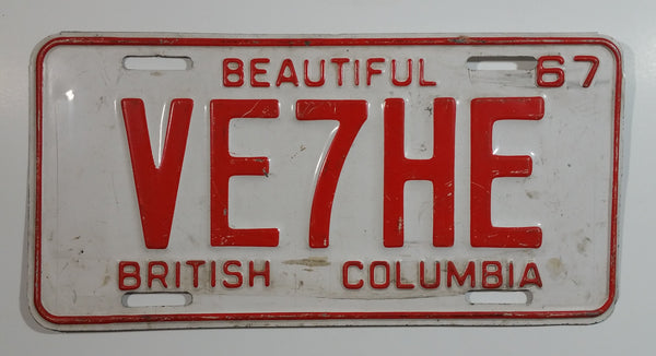 Vintage 1967 Beautiful British Columbia Red Letter White Vehicle Automobile License Plate Tag VE7HE