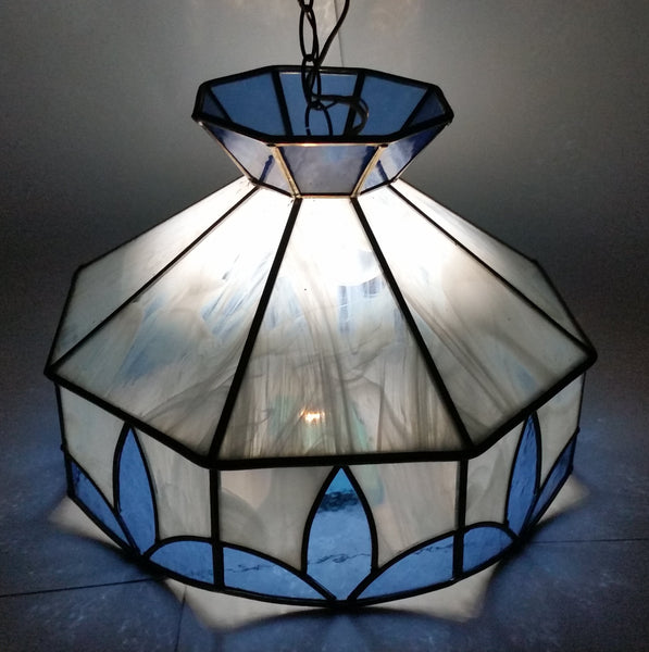 Vintage Blue and White Clear Slag Marble Stained Glass Swag Hanging Lamp Light Fixture
