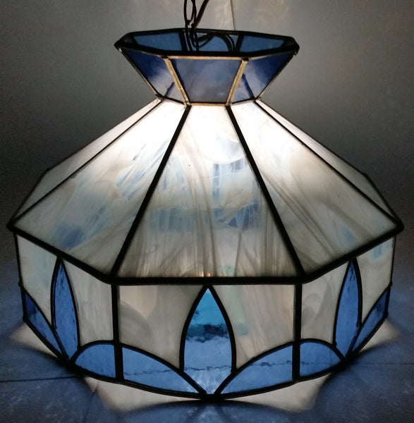 Vintage Blue and White Clear Slag Marble Stained Glass Swag Hanging La ...