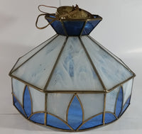 Vintage Blue and White Clear Slag Marble Stained Glass Swag Hanging Lamp Light Fixture