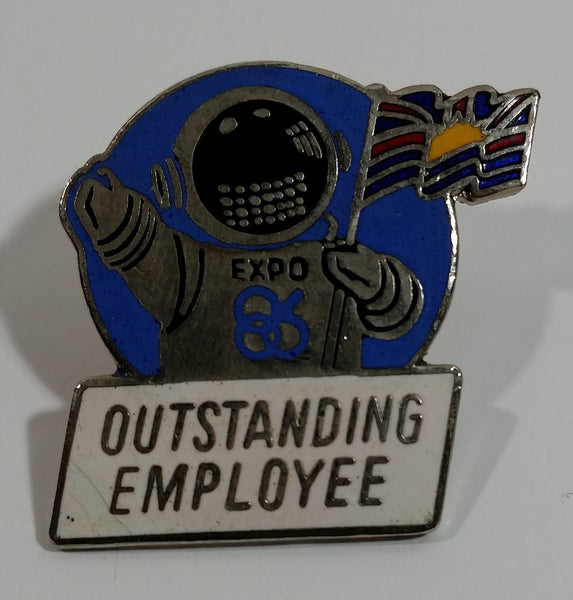 1986 Vancouver Exposition Expo 86 Outstanding Employee Ernie The Astronaut Holding BC Flag Enamel Metal Lapel Pin Souvenir Travel Collectible