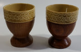 Set of 2 Vintage Tan Glazed Ceramic Pottery Egg Cups with Wooden Base