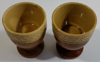 Set of 2 Vintage Tan Glazed Ceramic Pottery Egg Cups with Wooden Base