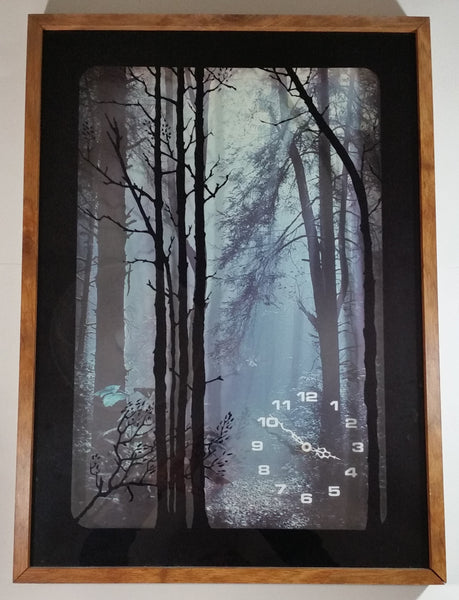 Vintage 1970s Elgin Dark Foggy Forest Tree Themed 21" x 29" Shadow Box Clock