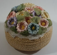 Colorful Flower Themed Woven Basket Container with Lid